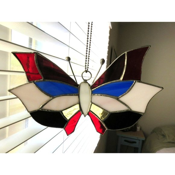Vintage Stained Glass Butterfly Hand-Crafted Sun Catcher Red Blue White - Picture 9 of 12